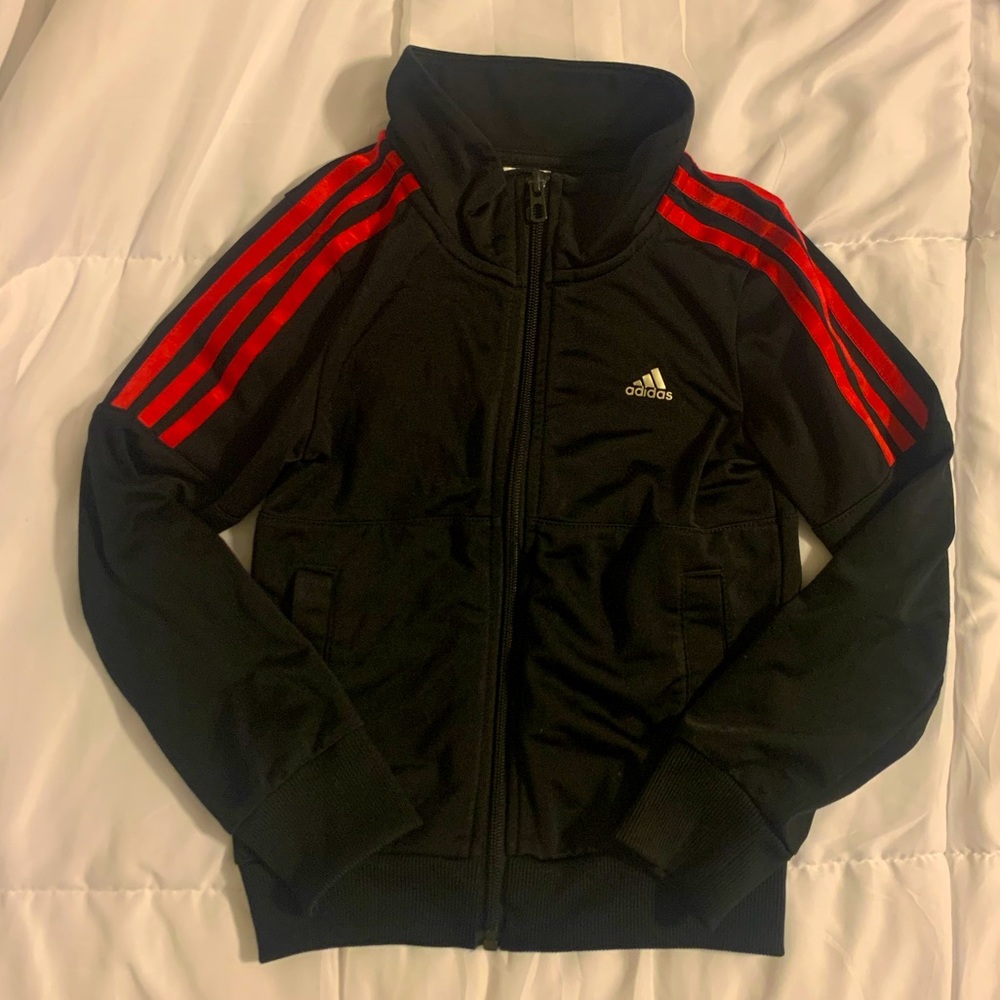 EUC ADIDAS Youth Unisex Track Jacket Zip Up Black Hot Pink Stripes XS S 6/6X 6